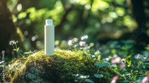 Face cleanser tube standing on a mosscovered rock, surrounded by wildflowers, sunlight filtering through leaves, professional camera lens effect photo