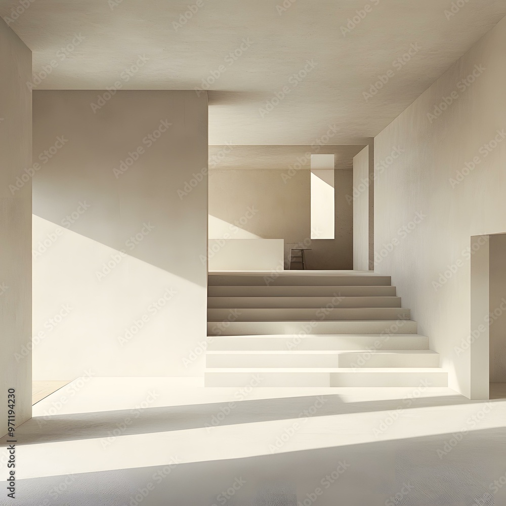 Fototapeta premium Minimalist Interior Design with Concrete Stairs and Sunlight