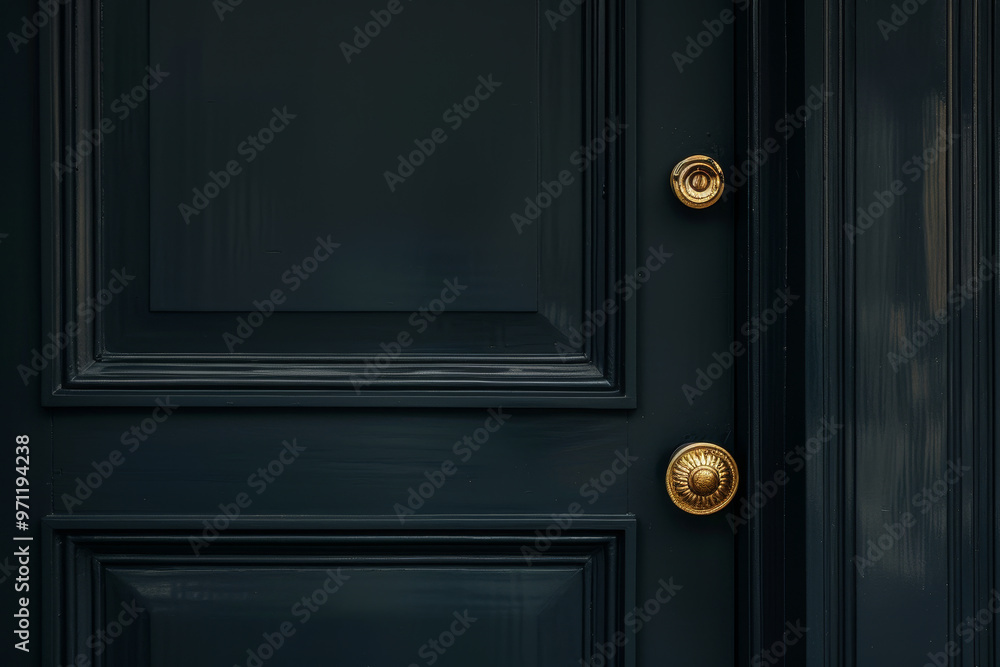 Fototapeta premium A black door with gold knobs on it