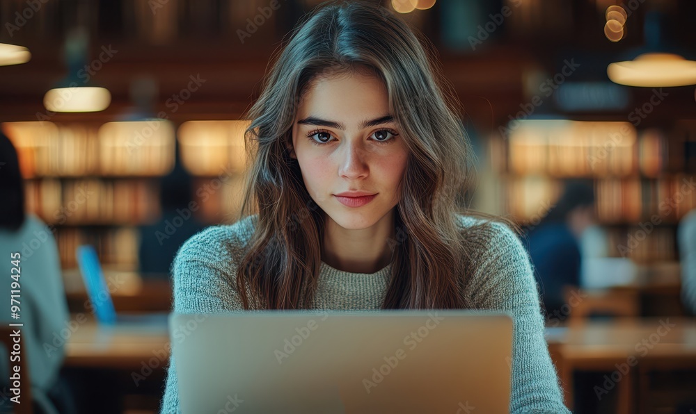 Young woman student study in the school library with blurred other people background. She using laptop and learning online Young woman student study in the school library with blurred other people background. She using laptop and learning online