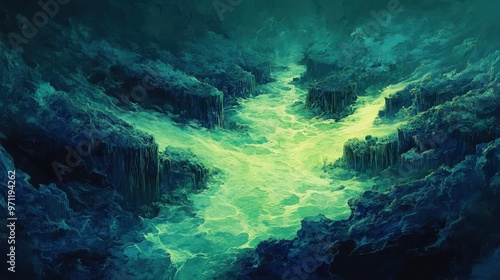 Wallpaper Mural Sliced section of Earth's surface, revealing underground rivers and glowing crystalline formations, digital painting, dark blues and greens. Torontodigital.ca