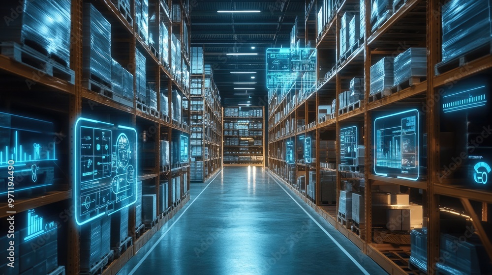 Modern warehouse with digital screens displaying data and analytics, showcasing automation and technology in logistics. Modern warehouse with digital screens displaying data and analytics, showcasing automation and technology in logistics.