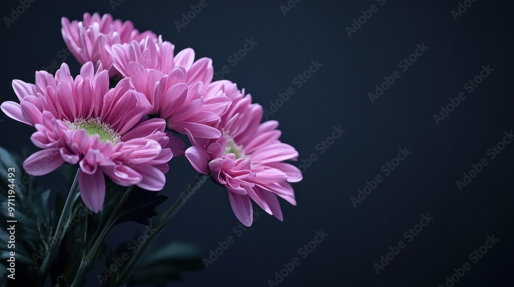 A close-up of pink chrysanthemums against a dark background. A close-up of pink chrysanthemums against a dark background.