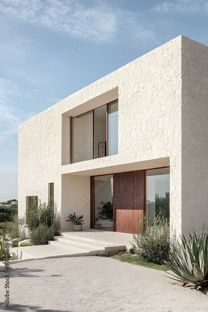 Modern White Stone House with Wooden Door and Large Windows Modern White Stone House with Wooden Door and Large Windows