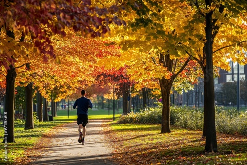 Man Running Through Autumnal Tree Canopy