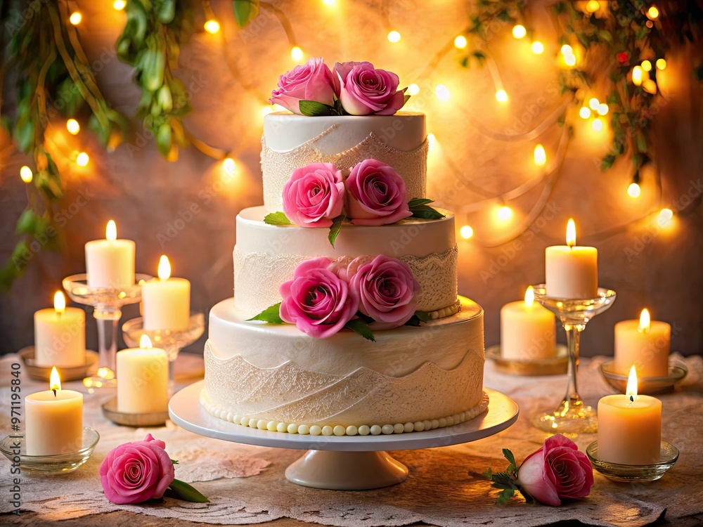 Vibrant pink roses adorn a three-tiered vanilla cake with creamy white frosting, surrounded by candles, on a lace tablecloth, exuding warmth and festive celebration atmosphere. Vibrant pink roses adorn a three-tiered vanilla cake with creamy white frosting, surrounded by candles, on a lace tablecloth, exuding warmth and festive celebration atmosphere.