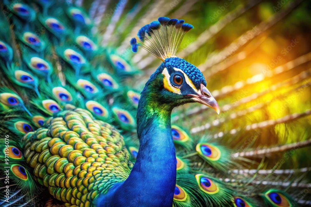 Vibrant plumage of a majestic peacock showcases mesmerizing shades of iridescent blue, emerald green, and gold, as delicate feathers shimmer in the morning light. Vibrant plumage of a majestic peacock showcases mesmerizing shades of iridescent blue, emerald green, and gold, as delicate feathers shimmer in the morning light.