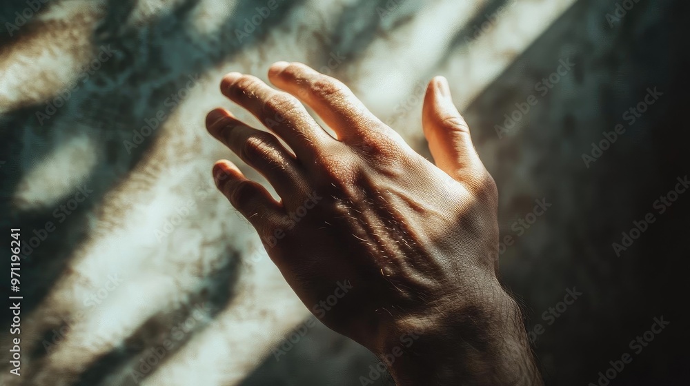 A graceful hand reaching out, illuminated by soft light and shadows, evoking feelings of serenity and contemplation. A graceful hand reaching out, illuminated by soft light and shadows, evoking feelings of serenity and contemplation.