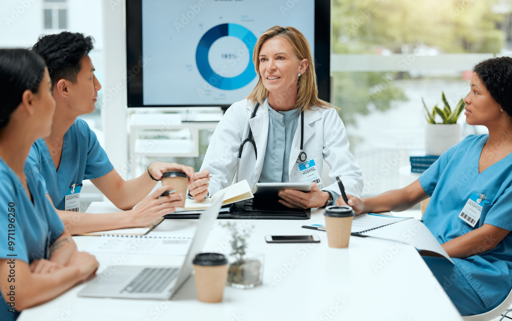 Fototapeta premium Group, discussion and medical team on technology with doctor for healthcare, review and feedback. People, talking and diversity in meeting as students, staff and internship in clinic or hospital