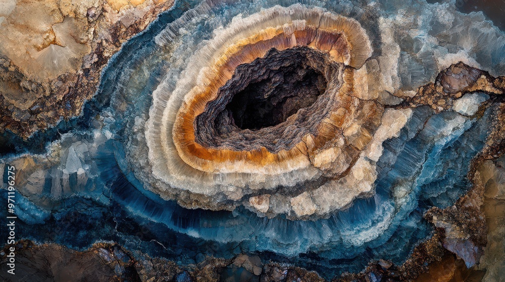 Cross-section of a petrified tree, revealing layers of crystal and stone embedded within, digital art, warm browns and vibrant blues. Cross-section of a petrified tree, revealing layers of crystal and stone embedded within, digital art, warm browns and vibrant blues.