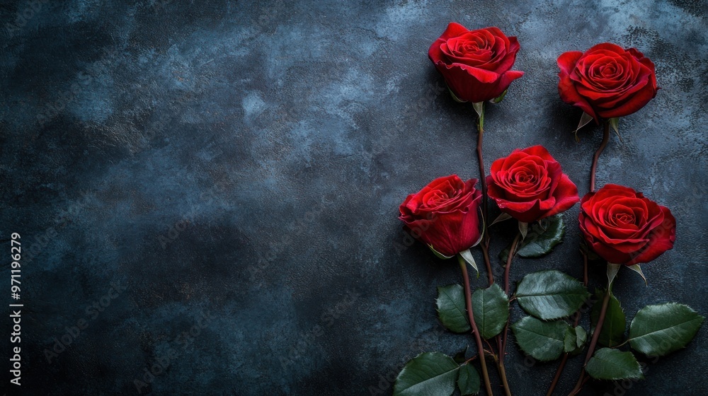 Five red roses on a textured dark background, symbolizing love and beauty. Five red roses on a textured dark background, symbolizing love and beauty.