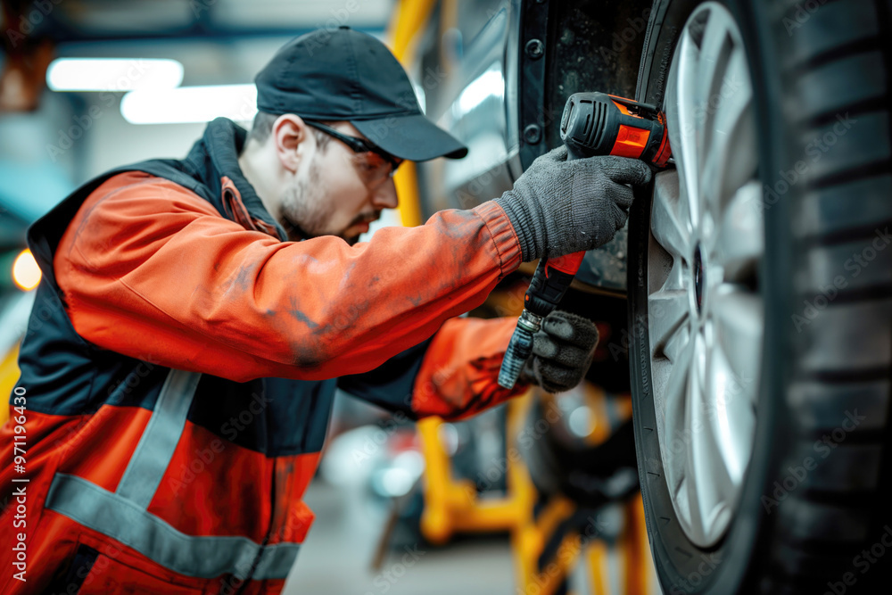 Mechanic in an auto repair shop working with a power tool to fix a car tire, focused and wearing reflective safety gear. Mechanic in an auto repair shop working with a power tool to fix a car tire, focused and wearing reflective safety gear.