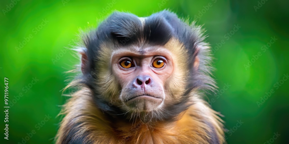 Vibrant portrait of a curious capuchin monkey with luscious black fur, showcasing its distinctive hair-like strands, set against a soft, muted green background. Vibrant portrait of a curious capuchin monkey with luscious black fur, showcasing its distinctive hair-like strands, set against a soft, muted green background.