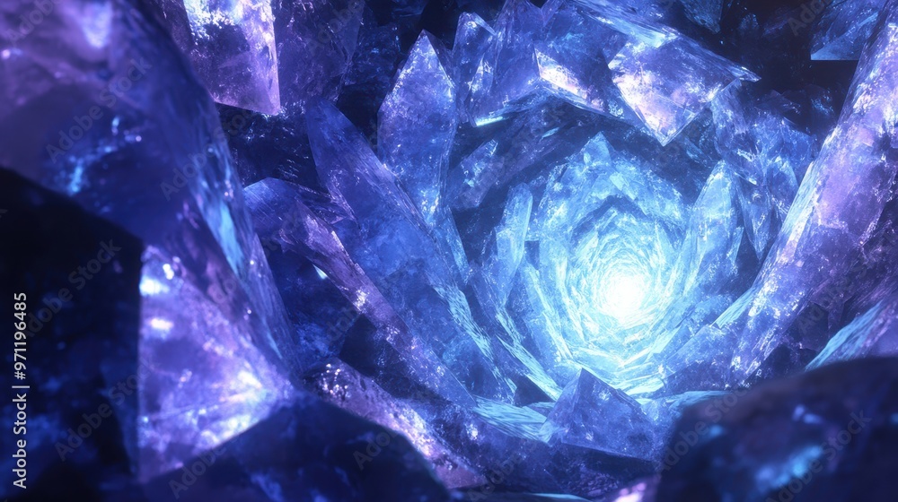Cross-section of a gemstone with swirling crystal patterns glowing from inside, high-detail 3D render, vibrant blues and purples.