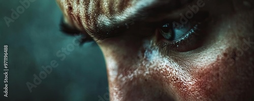 Intense close-up of a man's eye, showcasing emotion, determination, and the impact of struggle with detailed skin texture.