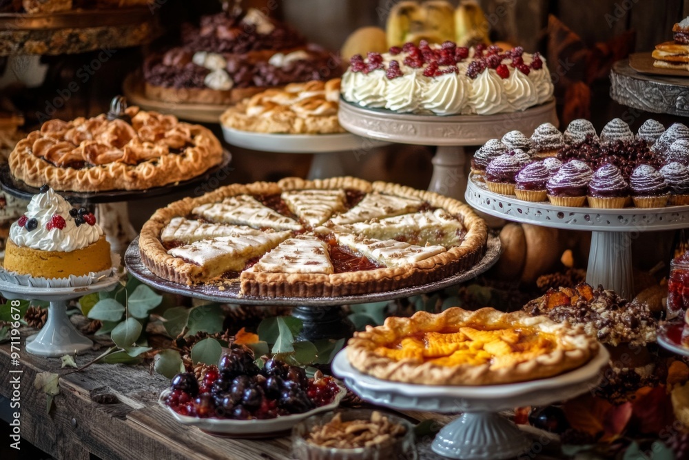 A Rustic Table Spread of Assortment of Pies and Cakes A Rustic Table Spread of Assortment of Pies and Cakes