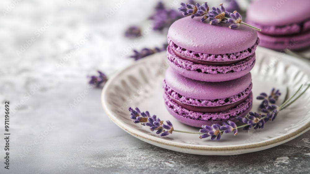 A stack of purple macarons on a delicate plate, with lavender flowers scattered around for decoration A stack of purple macarons on a delicate plate, with lavender flowers scattered around for decoration