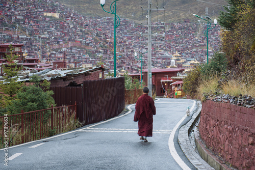 A Buddhist nun walking on the road of Larung Gar Buddhist Academy , in Serta County, Garze Tibetan Autonomous Prefecture, Sichuan , China.
