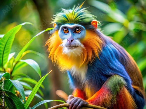 Vibrant primate perches on a branch, its radiant fur a kaleidoscope of colours, including blues, greens, yellows, and oranges, amidst lush jungle foliage. photo