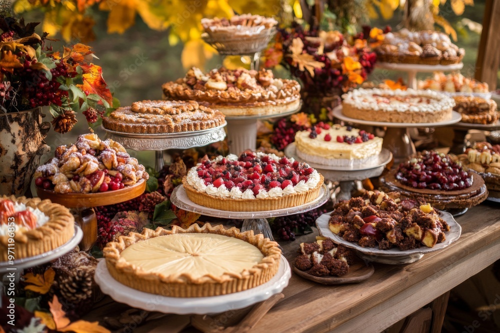 A Rustic Autumn Table Spread with an Assortment of Delicious Pies and Pastries A Rustic Autumn Table Spread with an Assortment of Delicious Pies and Pastries