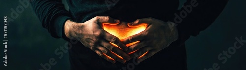 A person cradling their belly, emanating warmth, symbolizing love, life, and connection in a dark, moody atmosphere. photo