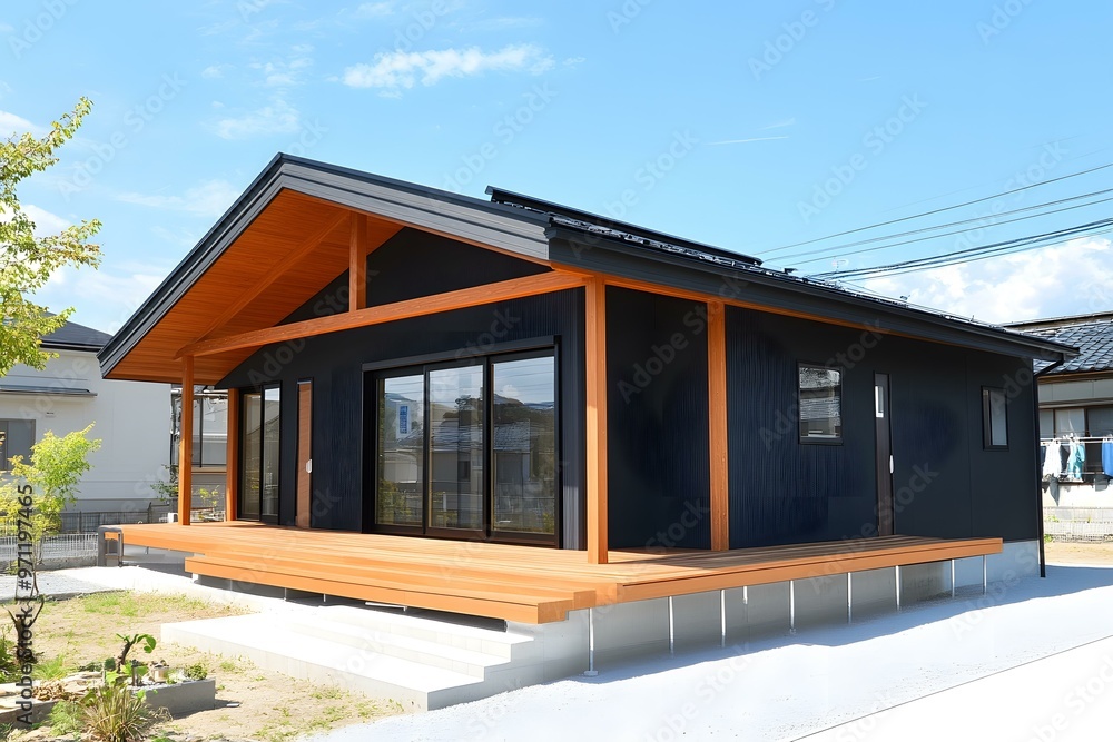 Fototapeta premium Modern Black Wooden House with Wooden Deck and A-Frame Roof