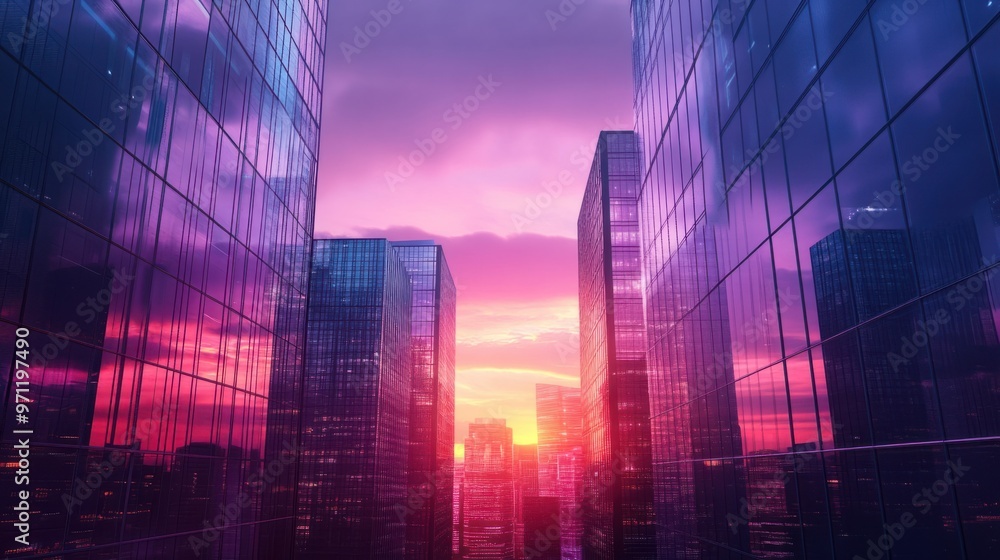 A sunset over a city skyline, with the sky glowing in shades of purple and pink, reflected on glass buildings A sunset over a city skyline, with the sky glowing in shades of purple and pink, reflected on glass buildings