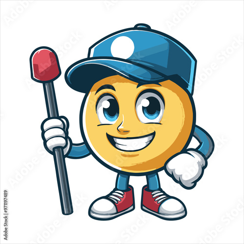 Smiling lollipop character in baseball cap – cute cartoon style candy vector illustration