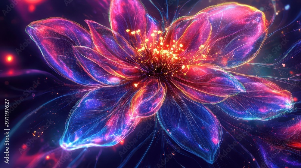 Obraz premium Cross-section of a biotechnological flower, with neon-lit petals and cyber veins, soft focus, vibrant neon colors, digital watercolor.