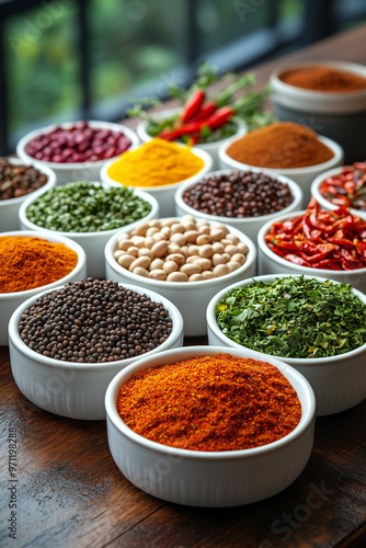 Assorted spices and herbs in bowls on dark background. 