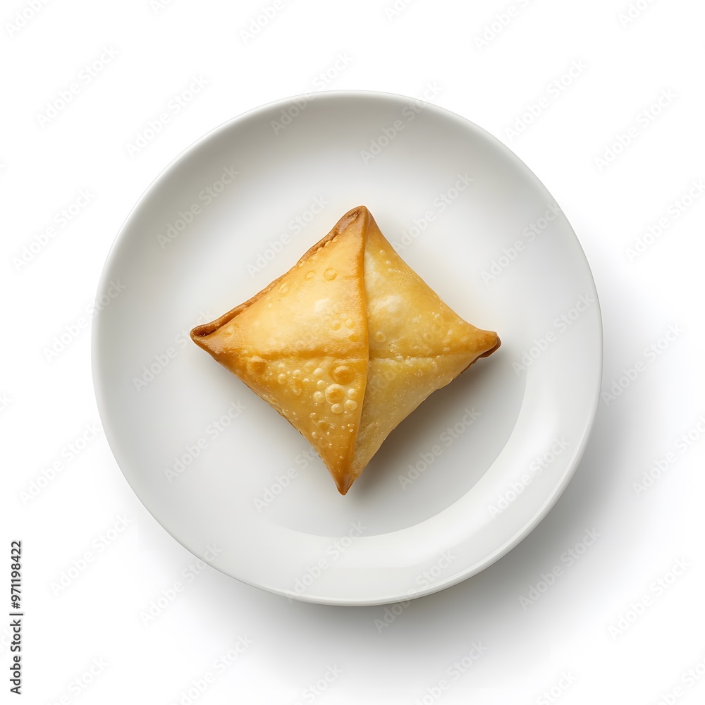 Golden samosa on white plate – minimalist food presentation with crispy pastry Golden samosa on white plate – minimalist food presentation with crispy pastry