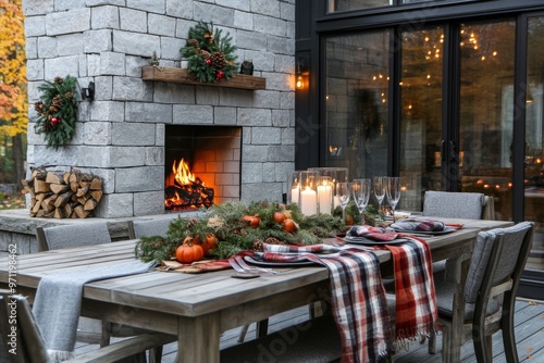 Cozy Outdoor Dining Table Setting with a Fireplace and Festive Decorations