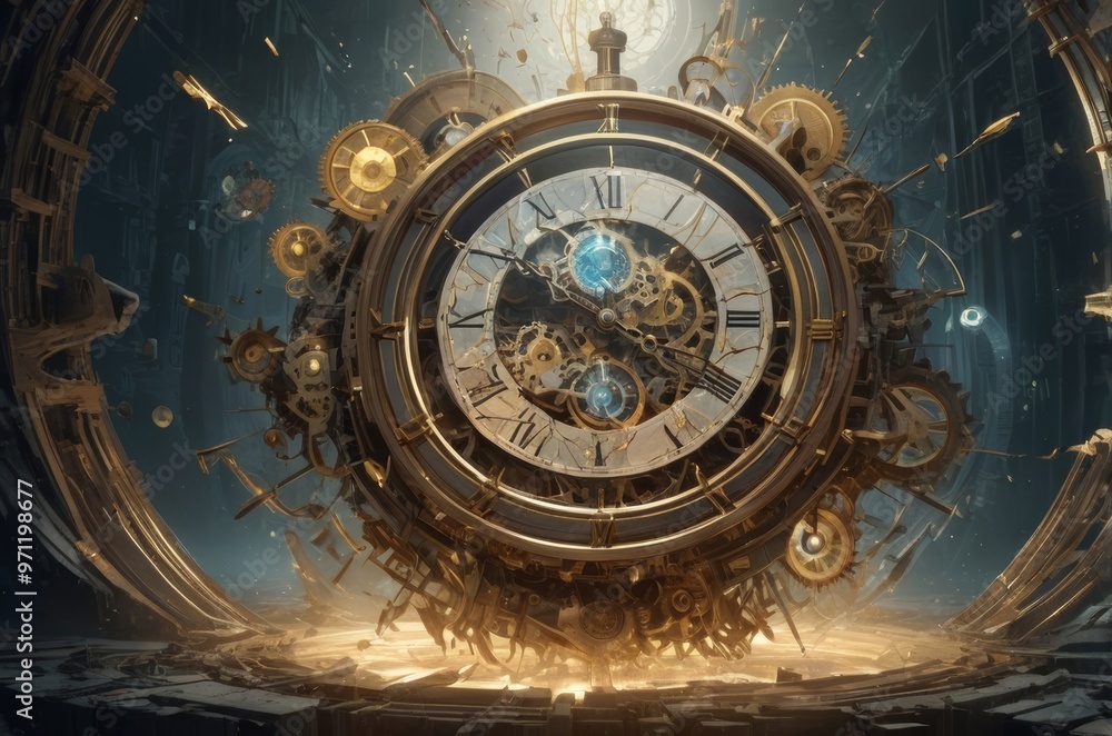 Fototapeta premium Fragments of Time: A Surreal Exploration of a Shattered Clock