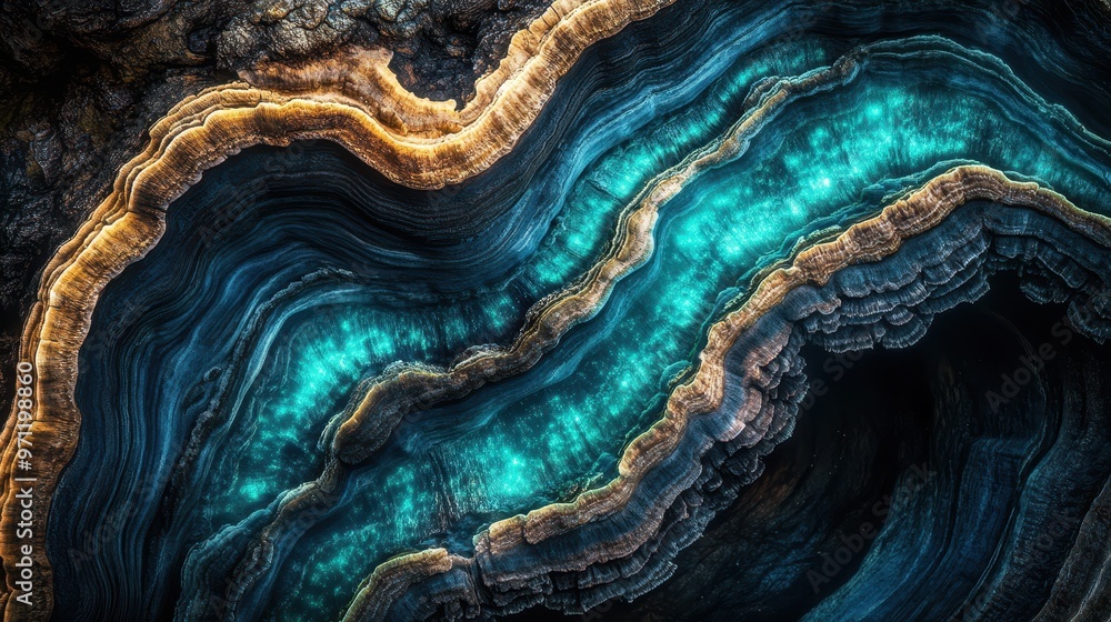 Obraz premium Cross-section of a tree branch, revealing inner rings with bioluminescent fungi growing between the layers, fantasy style, soft blue and green glow.