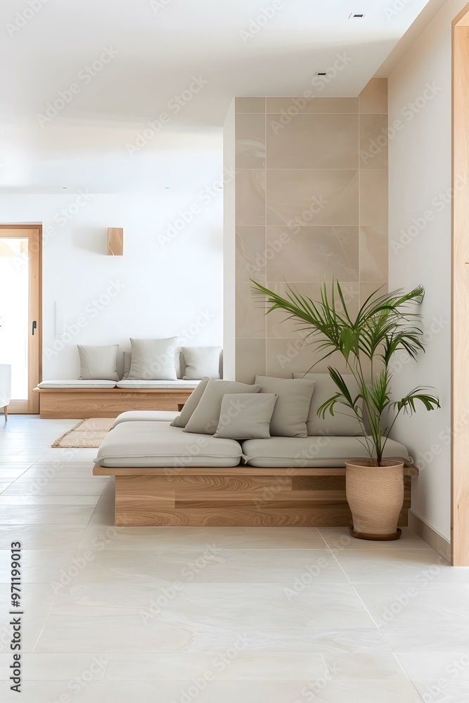 Fototapeta premium Minimalist Modern Living Room with Wooden Sofa and Palm Plant