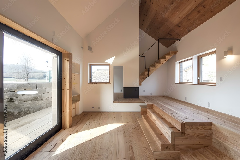 Naklejka premium Modern Minimalist Home Interior Design With Wooden Floor and Stairs
