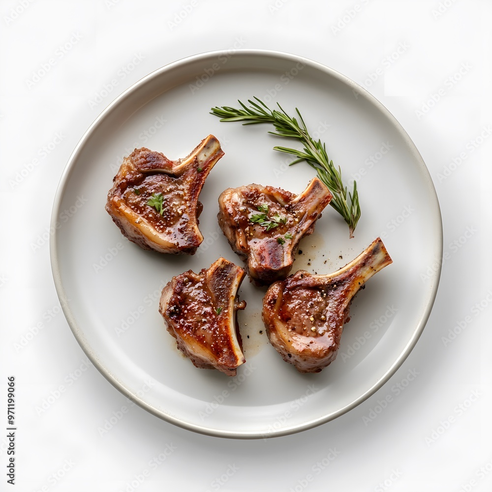 Savory grilled lamb chops with fresh rosemary garnish on white plate Savory grilled lamb chops with fresh rosemary garnish on white plate
