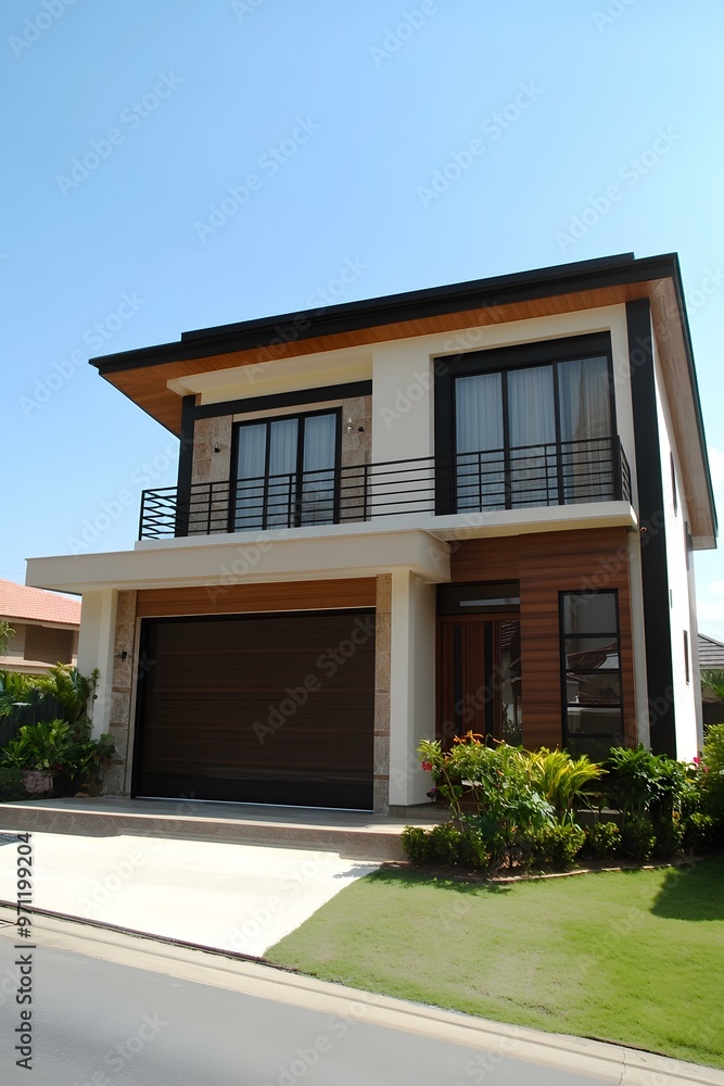 Modern Two Story House with White Walls and Brown Wood Siding Modern Two Story House with White Walls and Brown Wood Siding
