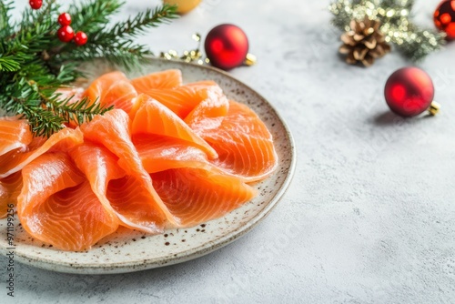 Sliced Smoked Salmon on a Plate with Festive Decorations