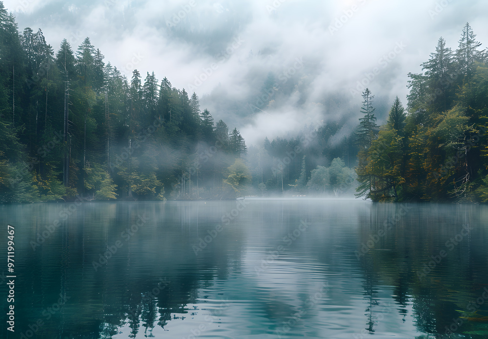 Fototapeta premium Mountains in the fog and boats on the lake