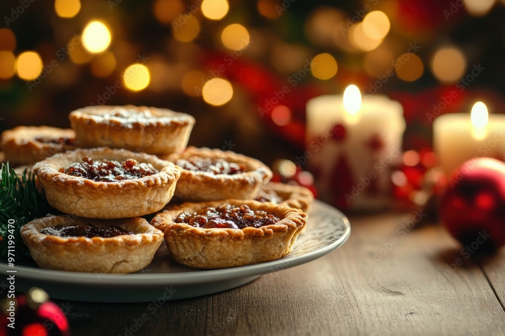 Close-up of a Stack of Mince Pies with a Festive Background Close-up of a Stack of Mince Pies with a Festive Background