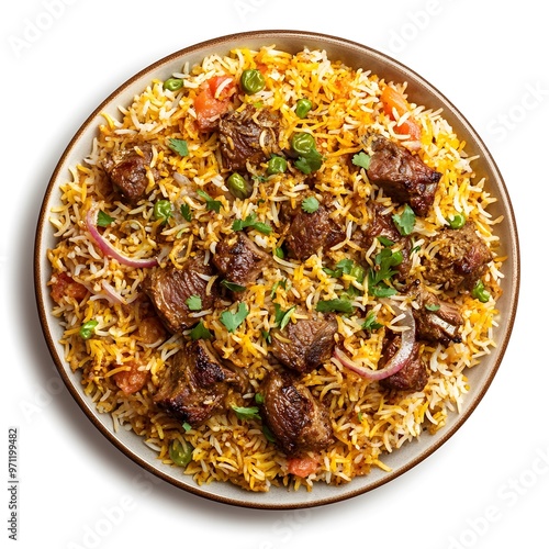 Delicious lamb biryani garnished with fresh herbs and vegetables on white background