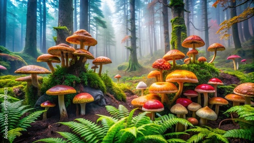 Vibrant, rare, and unusual exotic mushrooms in a lush, misty forest, showcasing unique shapes, colors, and textures, surrounded by ferns and moss-covered tree trunks. photo