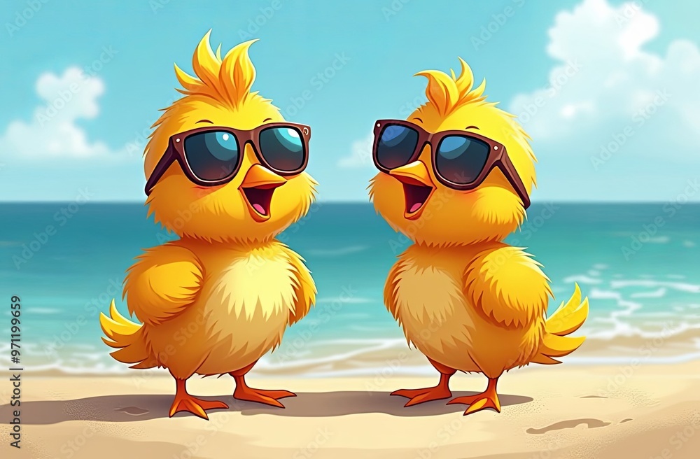 Naklejka premium Cute yellow chicks in sunglasses full length on a beach against palm trees. Advertising of tourism, recreation, travel, beach. Resort concept.