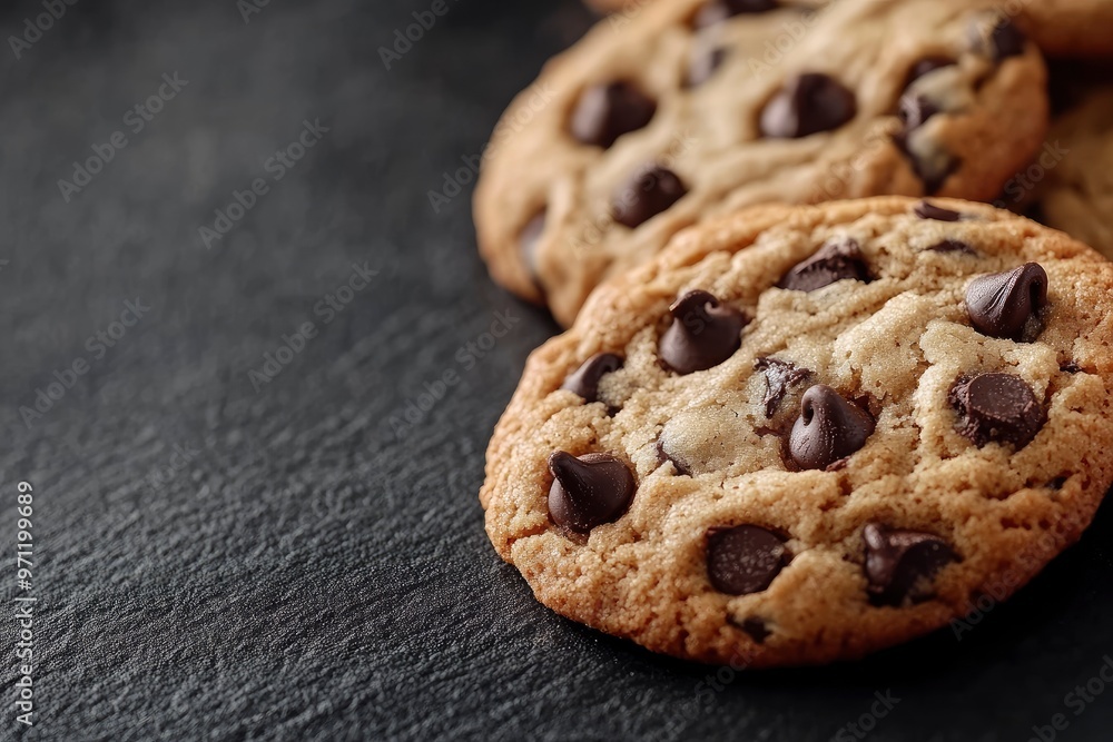 Chocolate chip cookies on a dark background. Freshly baked cookies with chocolate chips on top with generative ai Chocolate chip cookies on a dark background. Freshly baked cookies with chocolate chips on top with generative ai