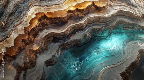 Cross-section of petrified wood, layers glowing with embedded crystals and metallic textures, 3D render, earthy browns and vibrant blues. photo