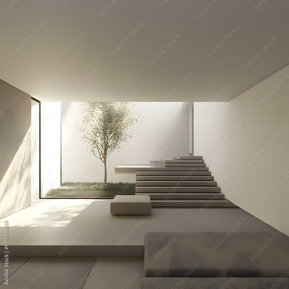 Fototapeta premium Minimalist Interior Design with Staircase and Courtyard