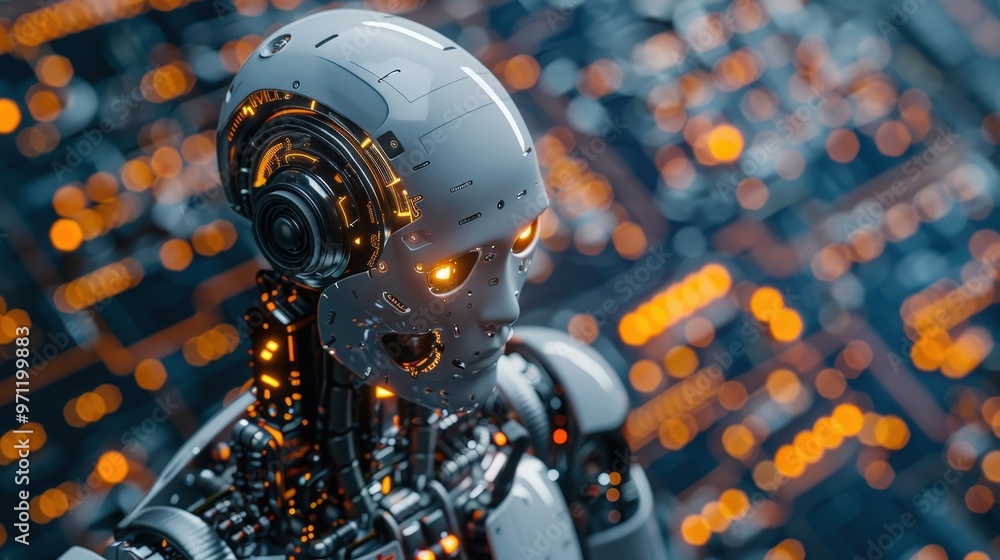 Humanoid robot against glowing circuits highlights advanced design and AI in a futuristic setting Humanoid robot against glowing circuits highlights advanced design and AI in a futuristic setting