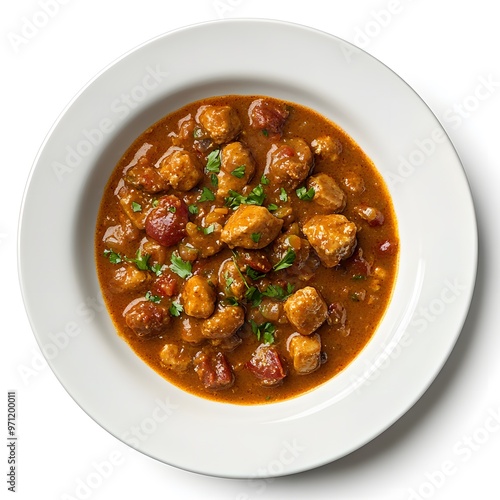 Delicious homemade goulash with tender meat in rich tomato sauce garnished with fresh herbs