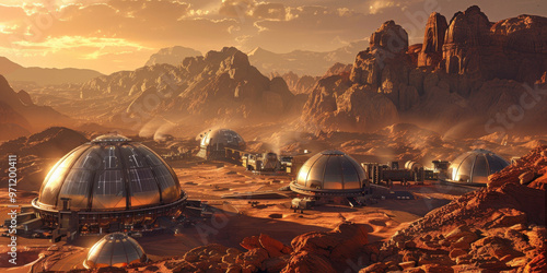 Futuristic Martian colony awakens under the vibrant glow of a sunrise illuminating metallic domes and solar panels